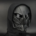 Black Mechanical Costume Mask with Sculpted Lower-Face Panel, Dark Eye Visor and Side Vent Details