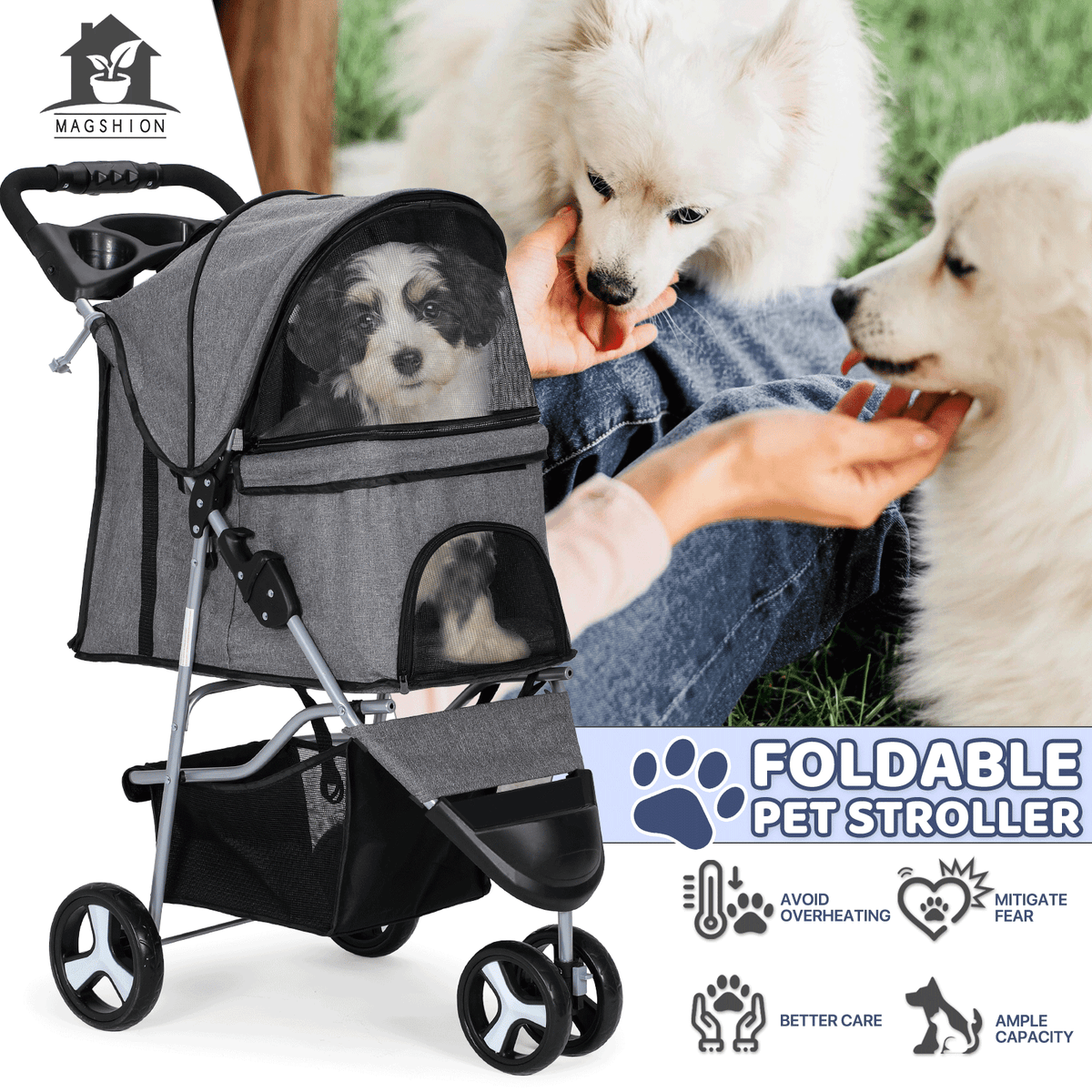 Three-Wheel Pet Stroller with Folding Mesh Cabin, Cup Tray, Lower Basket and Eleven Color or Print Options