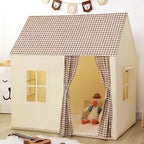 Brown Gingham Cabin Kids Play Tent with 130 x 120 x 106cm Frame, Three Windows and Storage Pouch