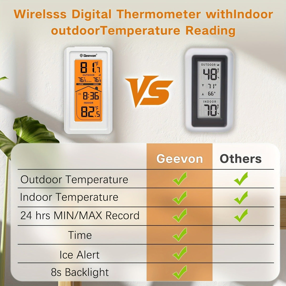 Indoor Outdoor Thermometer Hygrometer – Temperature Humidity Meter with Time Display, 48Hr History, Backlight & Ice Warning