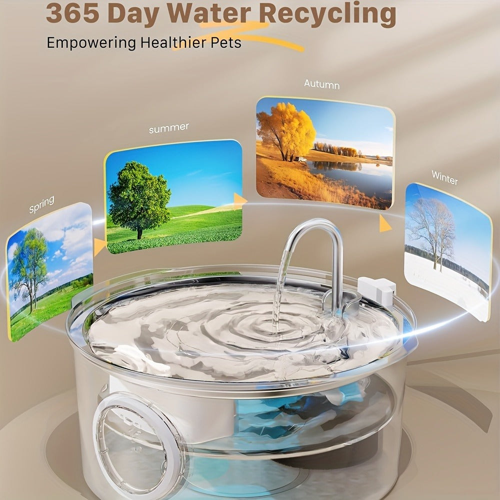 7L Pet Water Fountain with Stainless-Steel-Marked Basin, Water-Level Window and Dual Arched Outlets