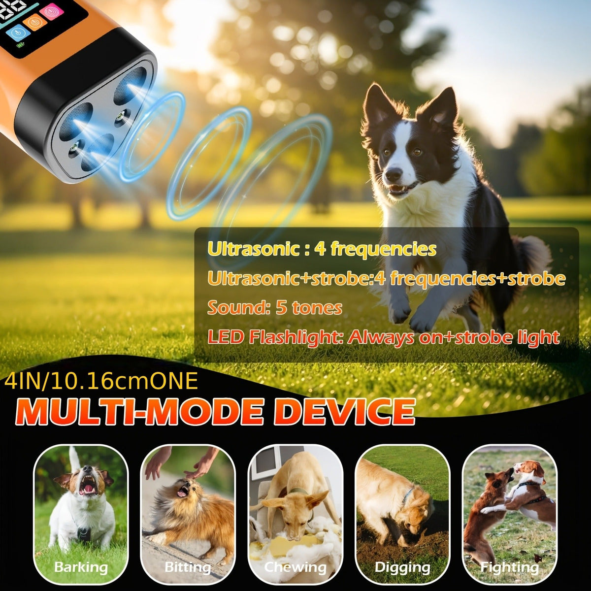 65ft Long-Range Dog Repeller – Triple-Head Ultrasonic Bark Deterrent, Powerful Soundwave Technology, USB Rechargeable Portable Handheld
