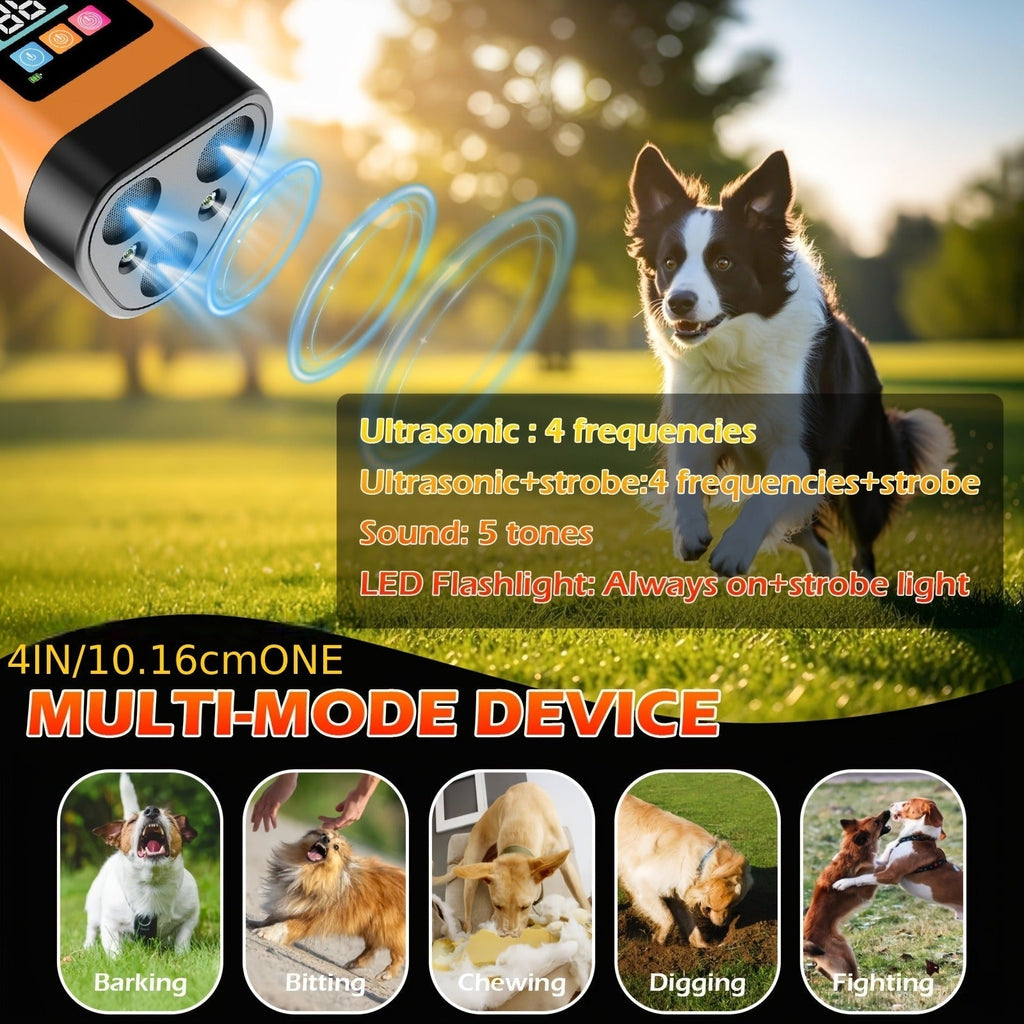 Orange Rechargeable Triple-Emitter Ultrasonic Dog Training Aid with Display, Light and Wrist Strap