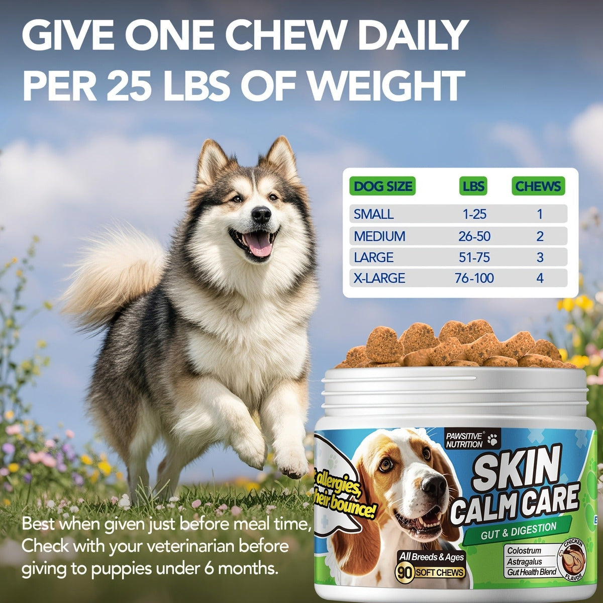 Dog Skin and Digestion Soft Chews with Colostrum, Fermentate and Astragalus, 90-Count Bottle