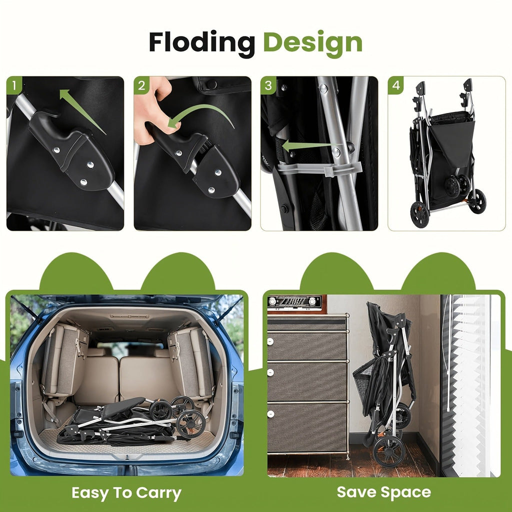 Black Three-Wheel Pet Stroller with Mesh Cabin, Front Cover, Cup Tray and Lower Storage Basket