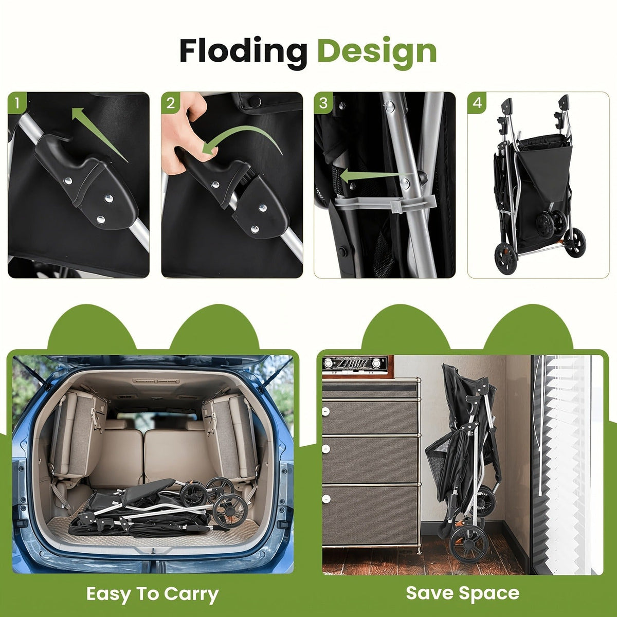 Black Three-Wheel Pet Stroller with Mesh Cabin, Front Cover, Cup Tray and Lower Storage Basket