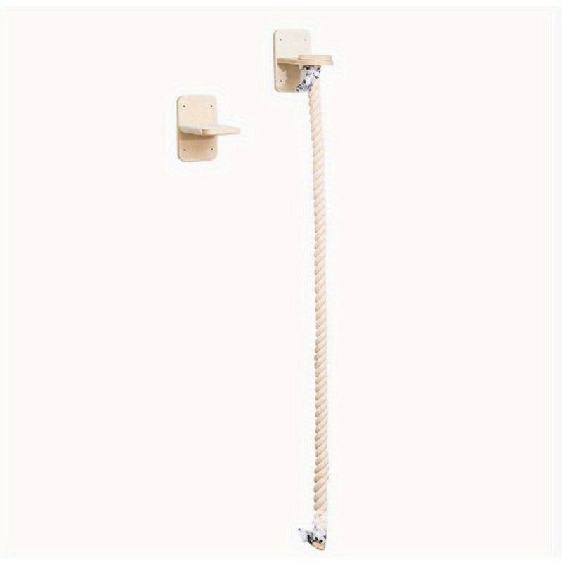 Wall-Mounted 60in Cat Climbing Rope Set with Upper Bracket, Lower Anchor and Small Wood Perch
