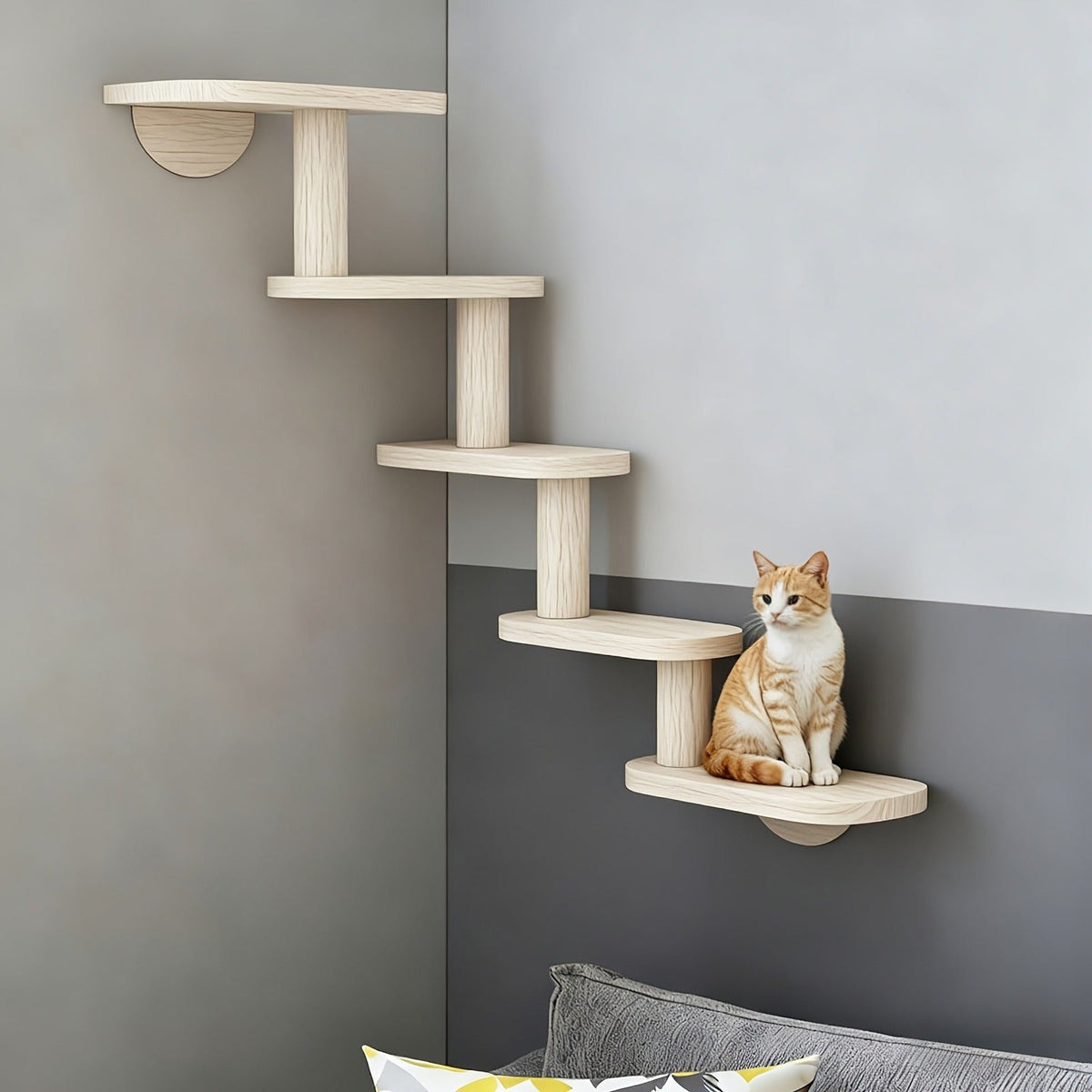 Five-Step Wall-Mounted Cat Tree with 85cm Vertical Wood Frame and Staggered Rectangular Platforms