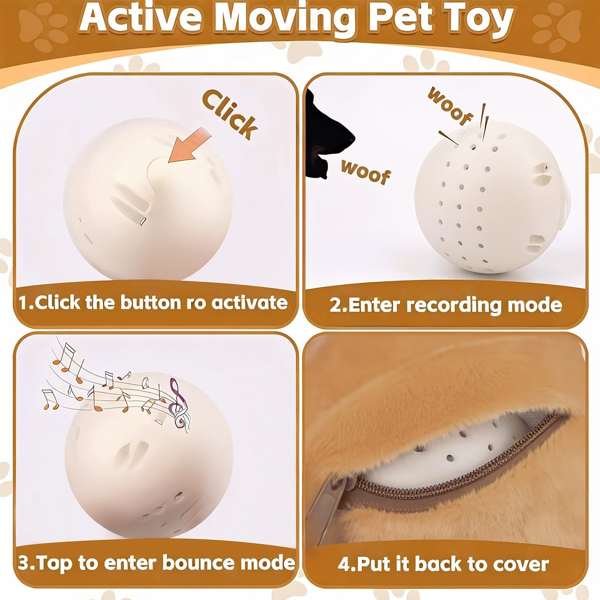 Dog Toy USB-Rechargeable Bouncing Character Ball with Recording and Music Modes in Five Styles