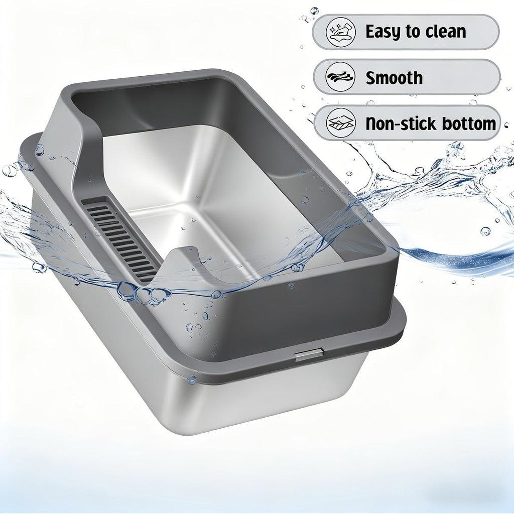 Stainless Steel Cat Litter Box with Scoop – High-Wall Semi-Enclosed Design, Non-Stick Easy Clean Surface, Anti-Leakage Odor Control