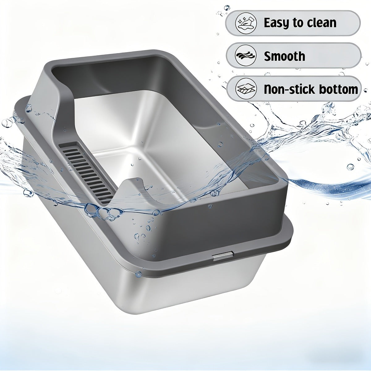 Stainless Steel Cat Litter Box with Scoop – High-Wall Semi-Enclosed Design, Non-Stick Easy Clean Surface, Anti-Leakage Odor Control