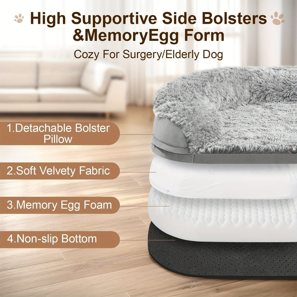 Egg-Crate Foam Dog Bed with Plush Bolsters and Rectangle or Semicircle Large-Size Shape Options