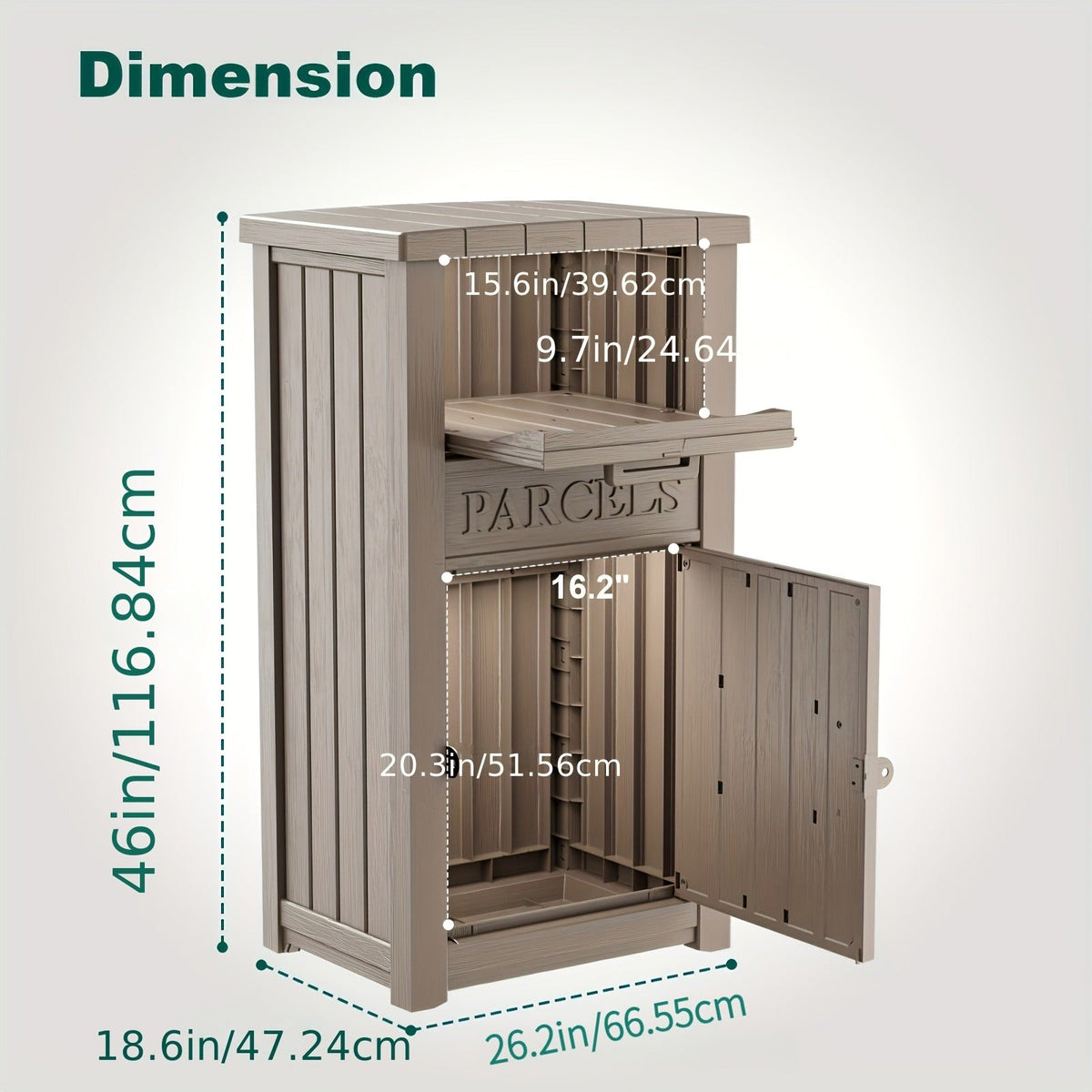 Tall Light-Brown Parcel Outdoor Storage Box with Drop Compartment, Front Door and Lock Hardware