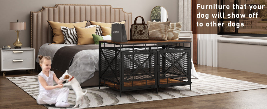 Dog Crate Furniture 43 Inch Corner Indoor Kennel, Heavy Duty Engineered Wood Dog Cage with Side Door for Large Medium Breeds