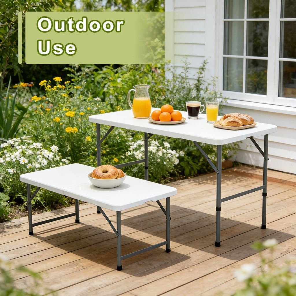 Folding Table 4ft and 6ft White Plastic Top with Black Metal Legs, Carry Handle and Adjustable Height