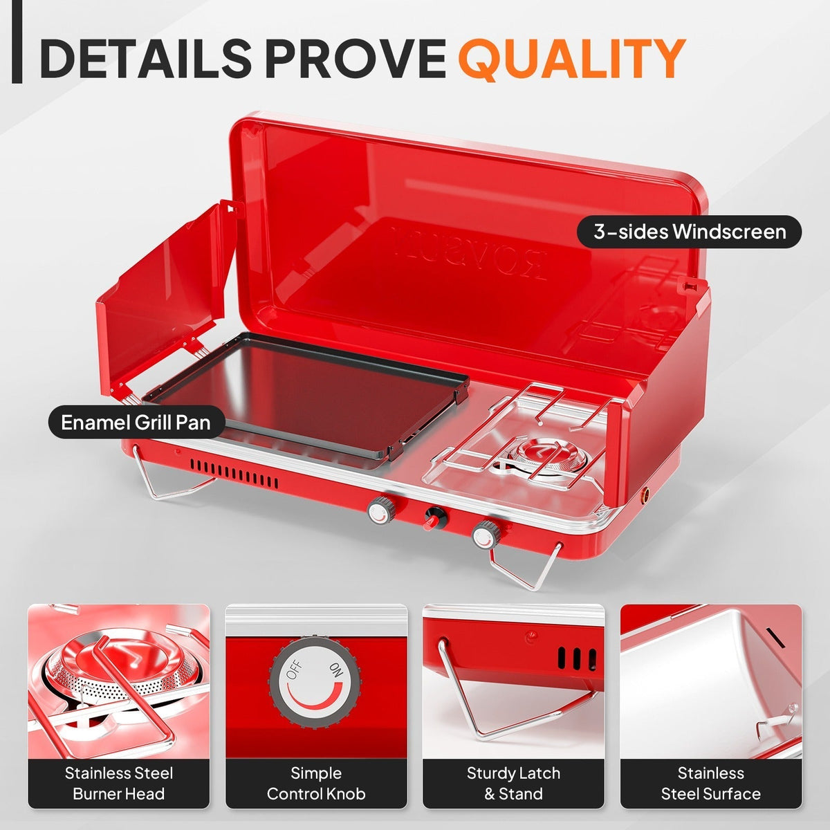 Portable Propane Griddle and Burner Camping Stove with Four Color Labels and 23.23-Inch Closed Width