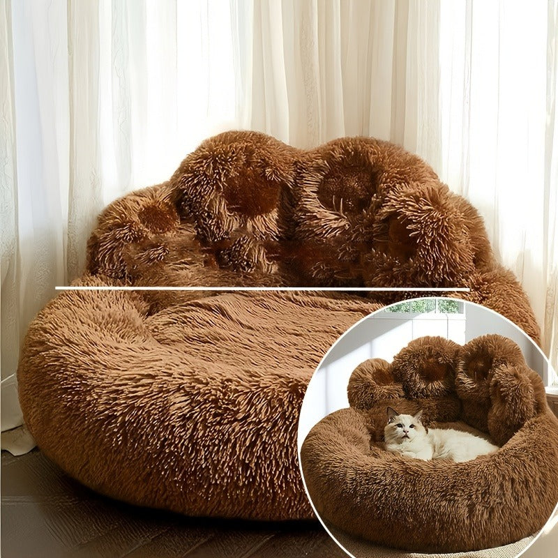 Bear-Paw Round Plush Pet Bed in Coffee, Pink or Gray with Four Weight-Labeled Size Options