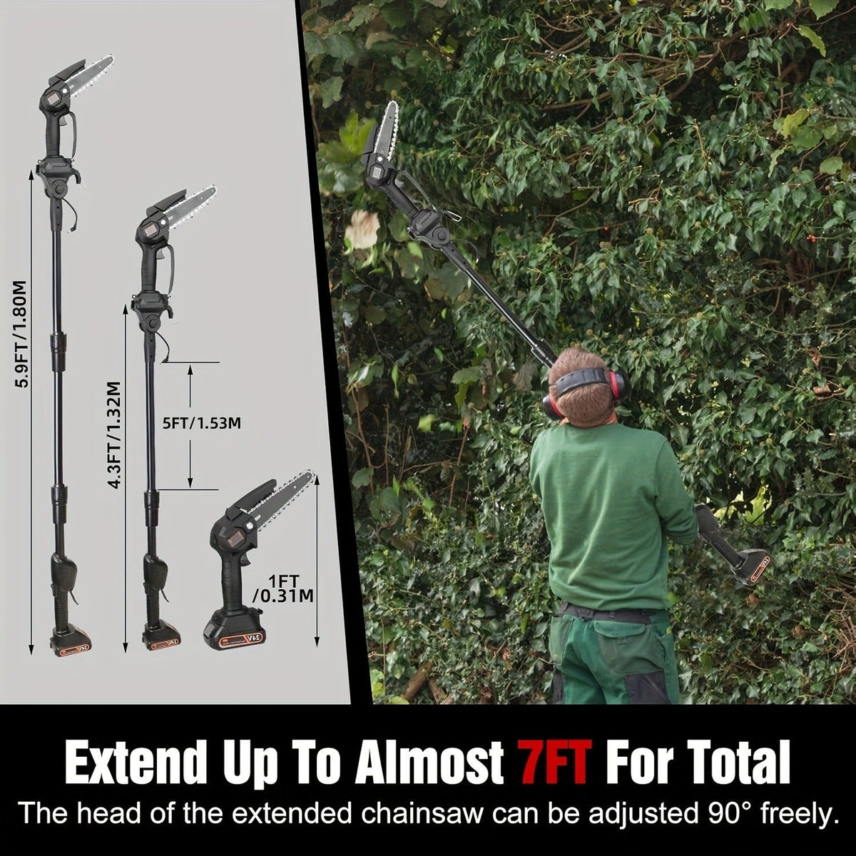 Cordless 4- and 6-Inch Pole Saw with Three Extension Sections, 90° Head, Two Batteries and Two Colors