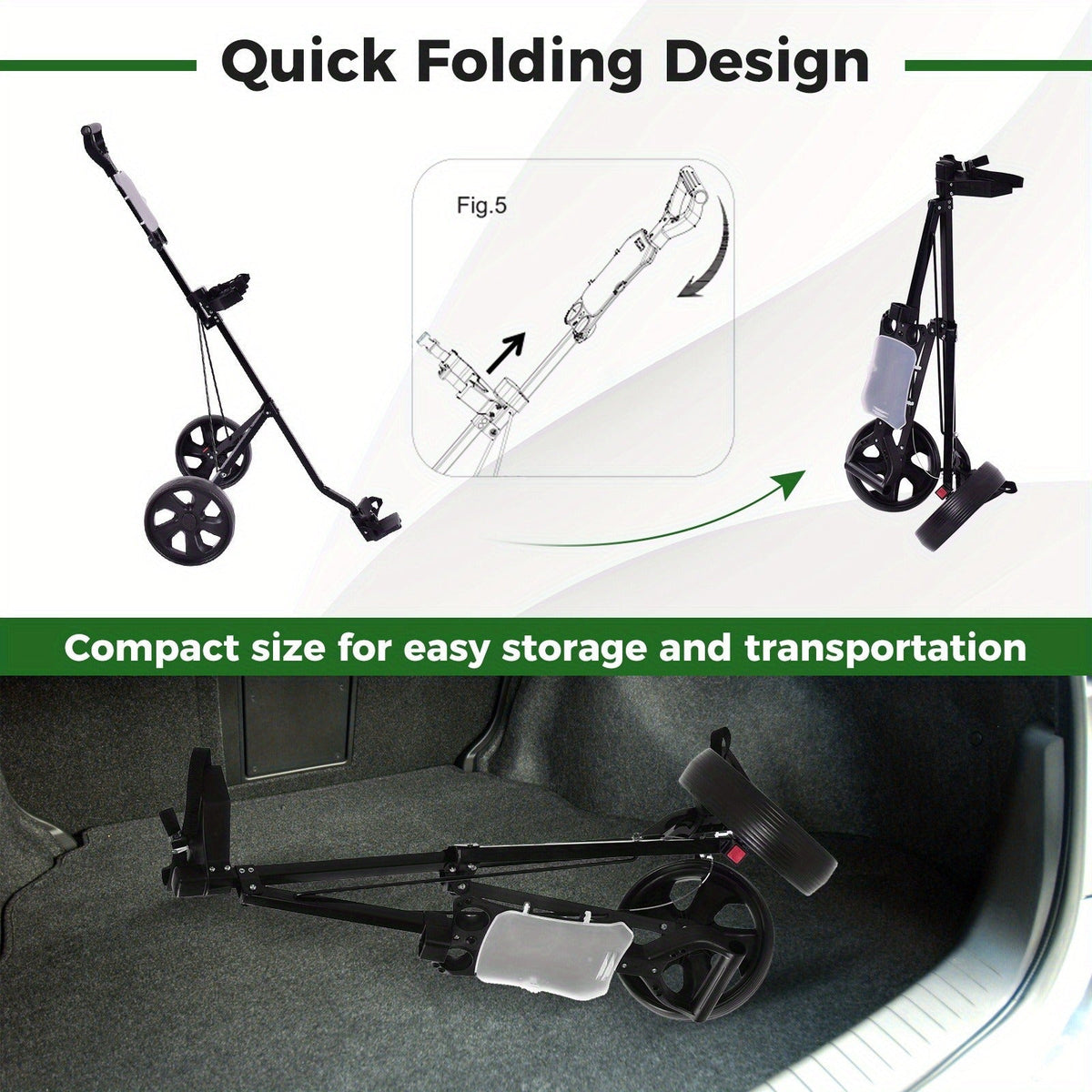 Foldable 2 Wheel Golf Push Cart Trolley with Scoreboard – Lightweight Steel Frame Pull Cart with Adjustable Handle, Score Counter