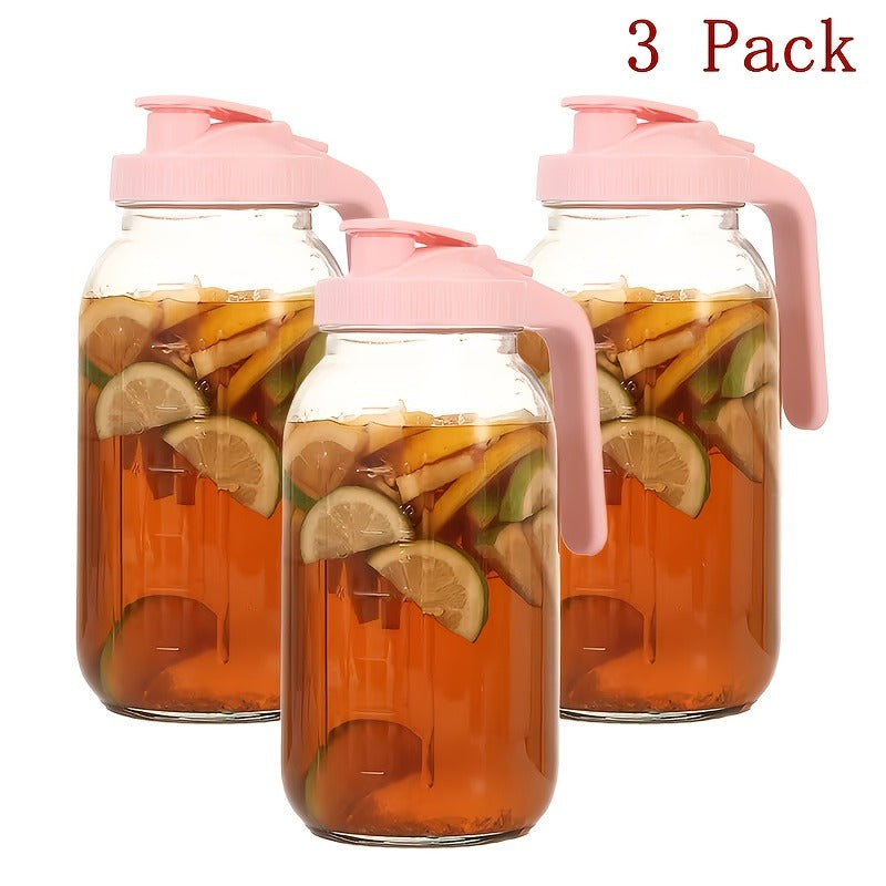 Three-Pack 64-Ounce Mason-Style Glass Pitchers with Pink Flip Lids, Handles and Wide Mouths