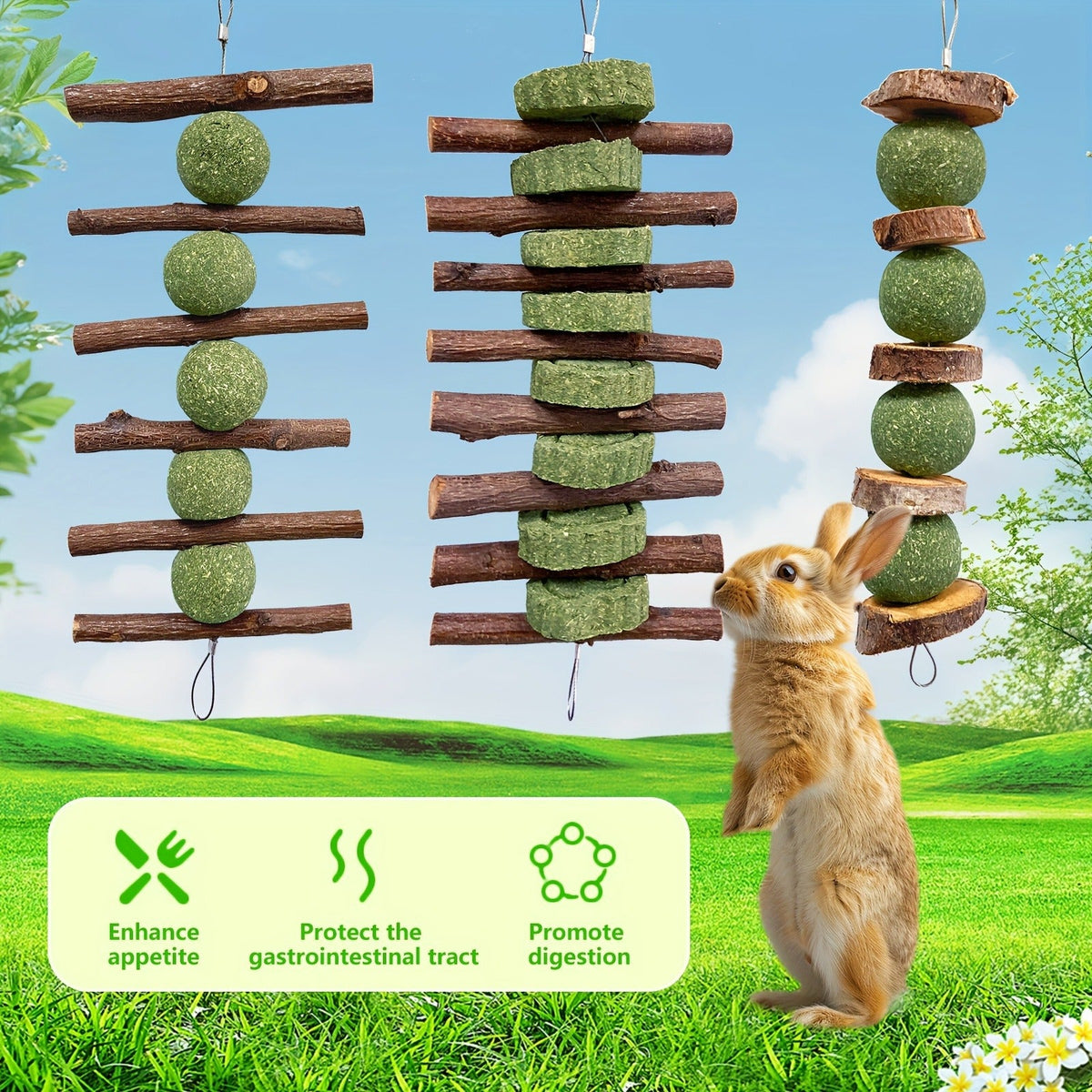 Grass Cake Chew Toys 3pcs – Natural Woven Hay Cake Teeth Grinding Strings for Hamsters, Rabbits & Small Pets