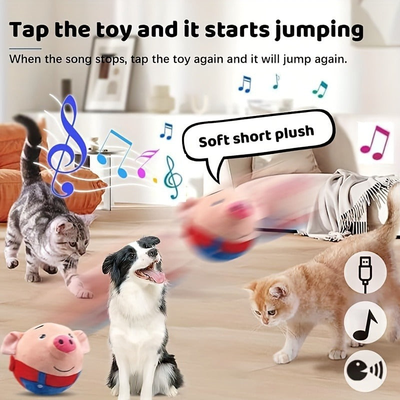 Electronic Rolling Dog Toy Ball – USB Rechargeable Cartoon Pig Plush Toy with Jumping Vibration & Sound, Automatic Self-Moving Washable