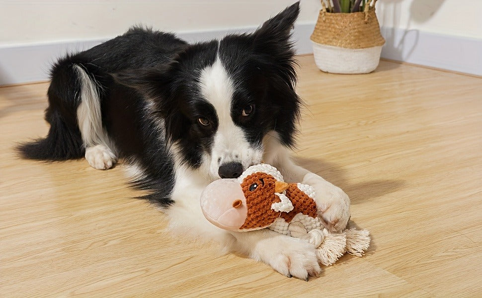 Dog Toy Cow Plush with Squeaker, Crinkle Paper, Woven Legs and Washable Construction for Multiple Dog Sizes
