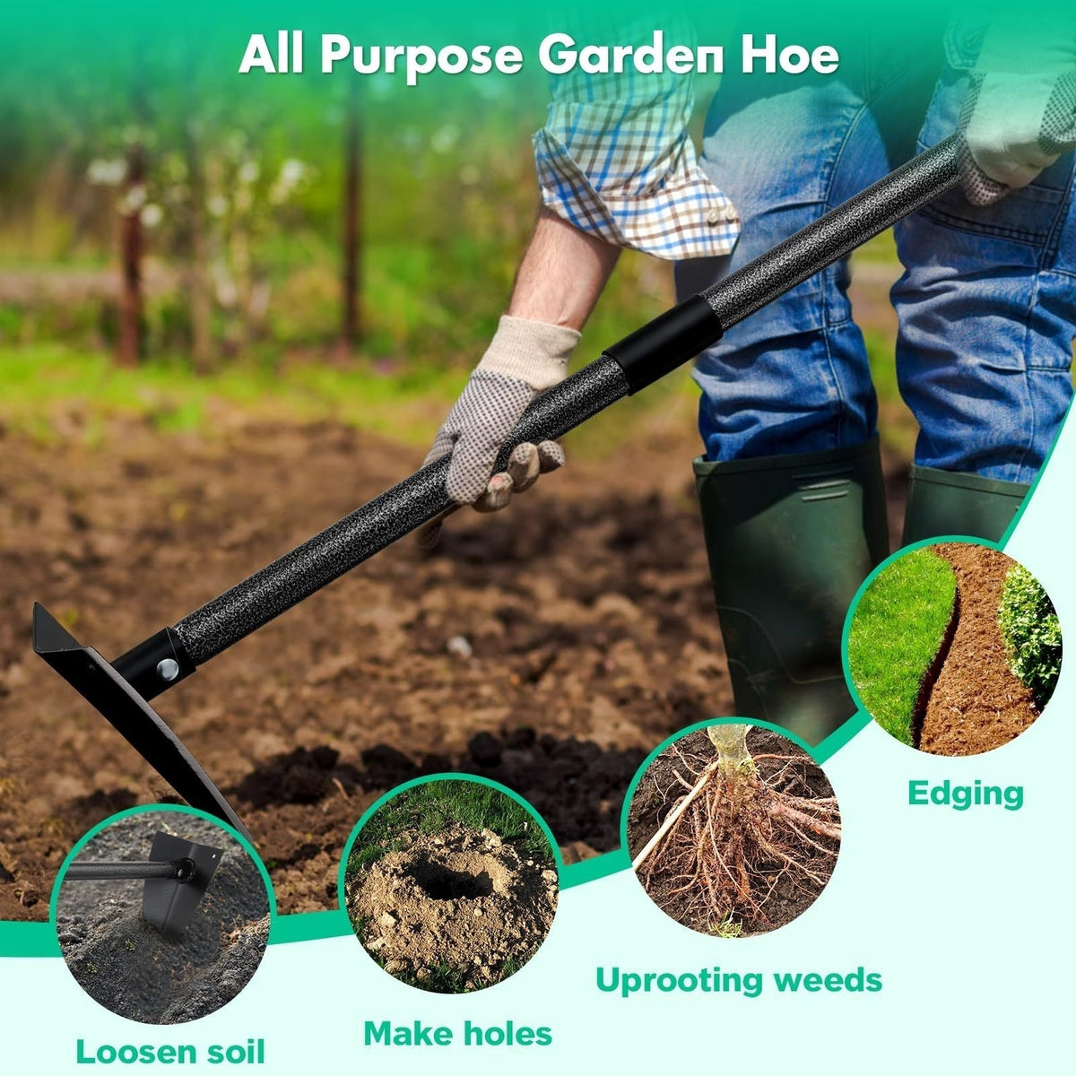 Garden Hoe Triangle Carbon Steel with Adjustable 15-72 Inch Long Handle, Sharp Triangular Blade for Weeding