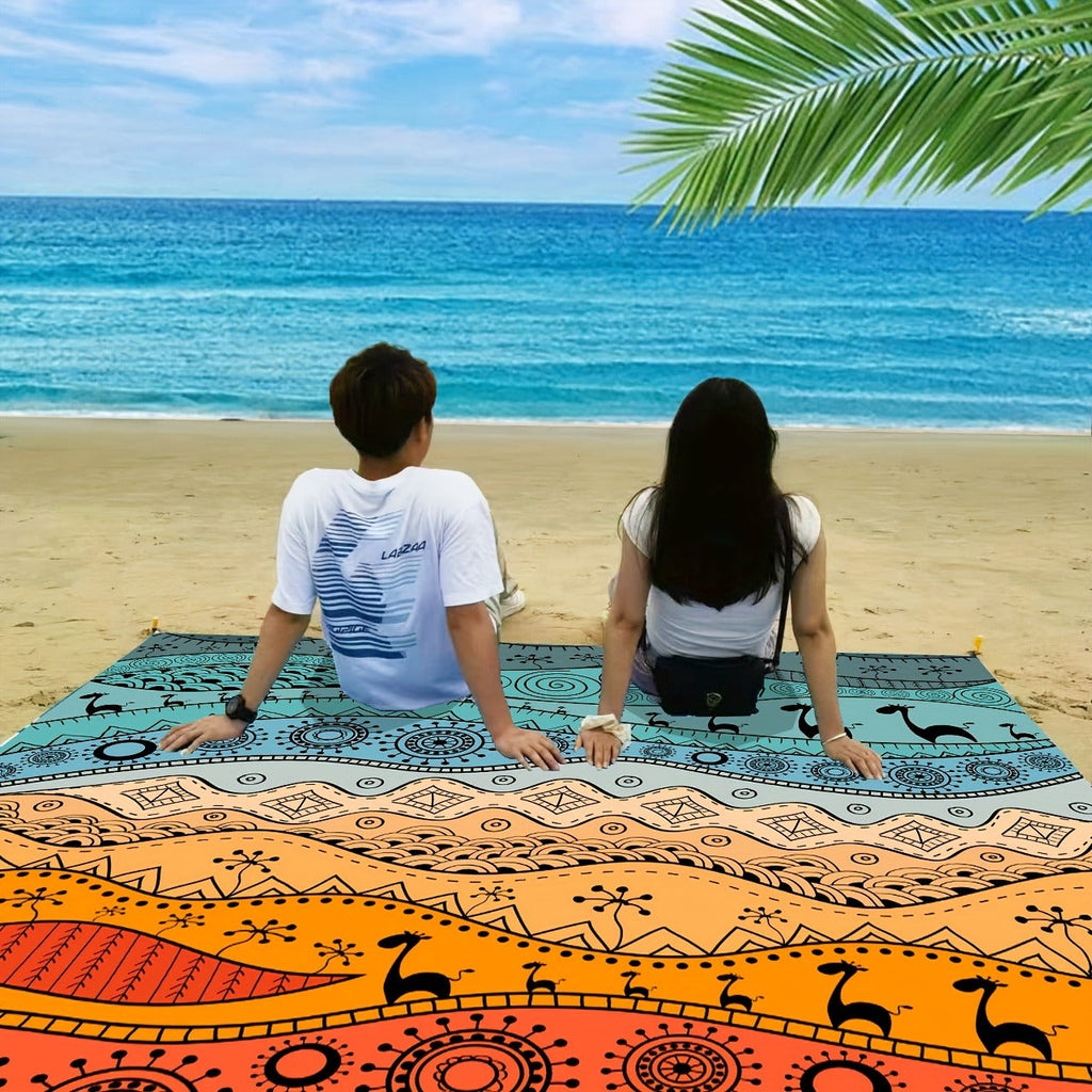 205 x 198cm Picnic Blanket with Orange, Aqua and Black Bohemian Animal Print and Matching Zip Carry Bag