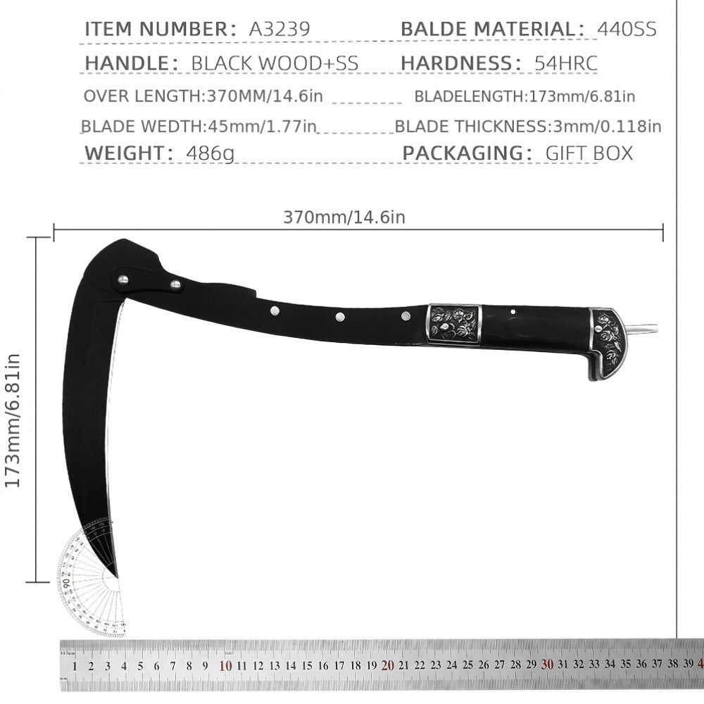 Folding Sickle Stainless Steel Flat Edge Blade with Black Wood Handle & Double Bolsters for Garden, Patio and Yard Use