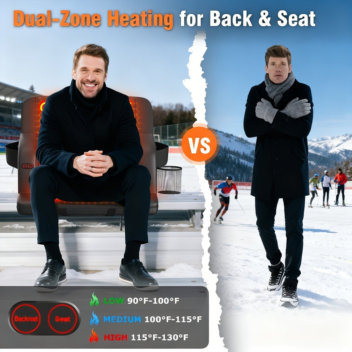 Heated Stadium Seat with Back Support for Bleachers 6 Reclining Positions 3 Heat Levels Dual-Zone USB Heated Bleacher Chair with 5 Storage