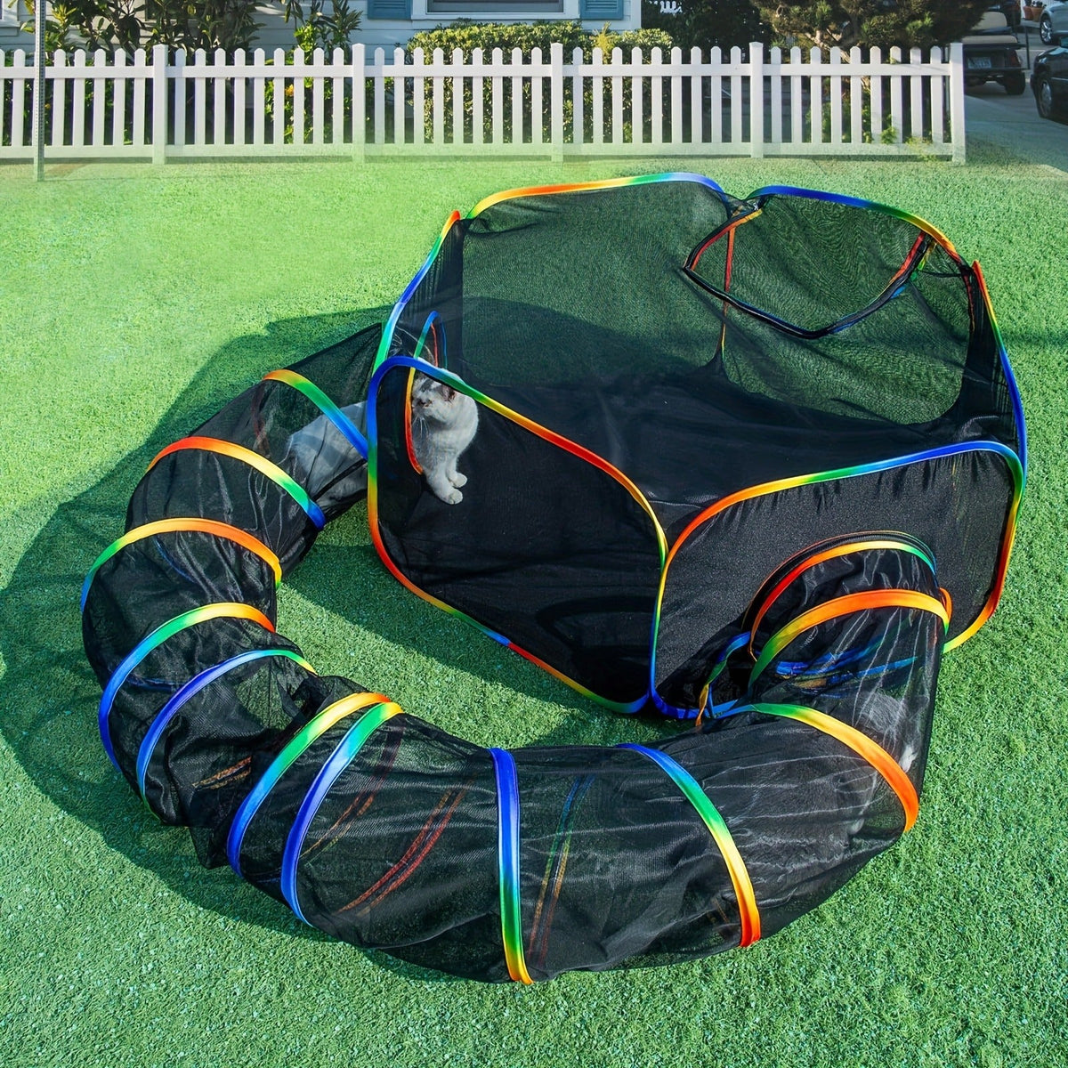 Outdoor Cat Enclosure with Play Tunnel – Portable Catio Tent & Cat Playpen for Indoor Cats, Cage-Free Outside Cat Run with Enclosed Tunnel