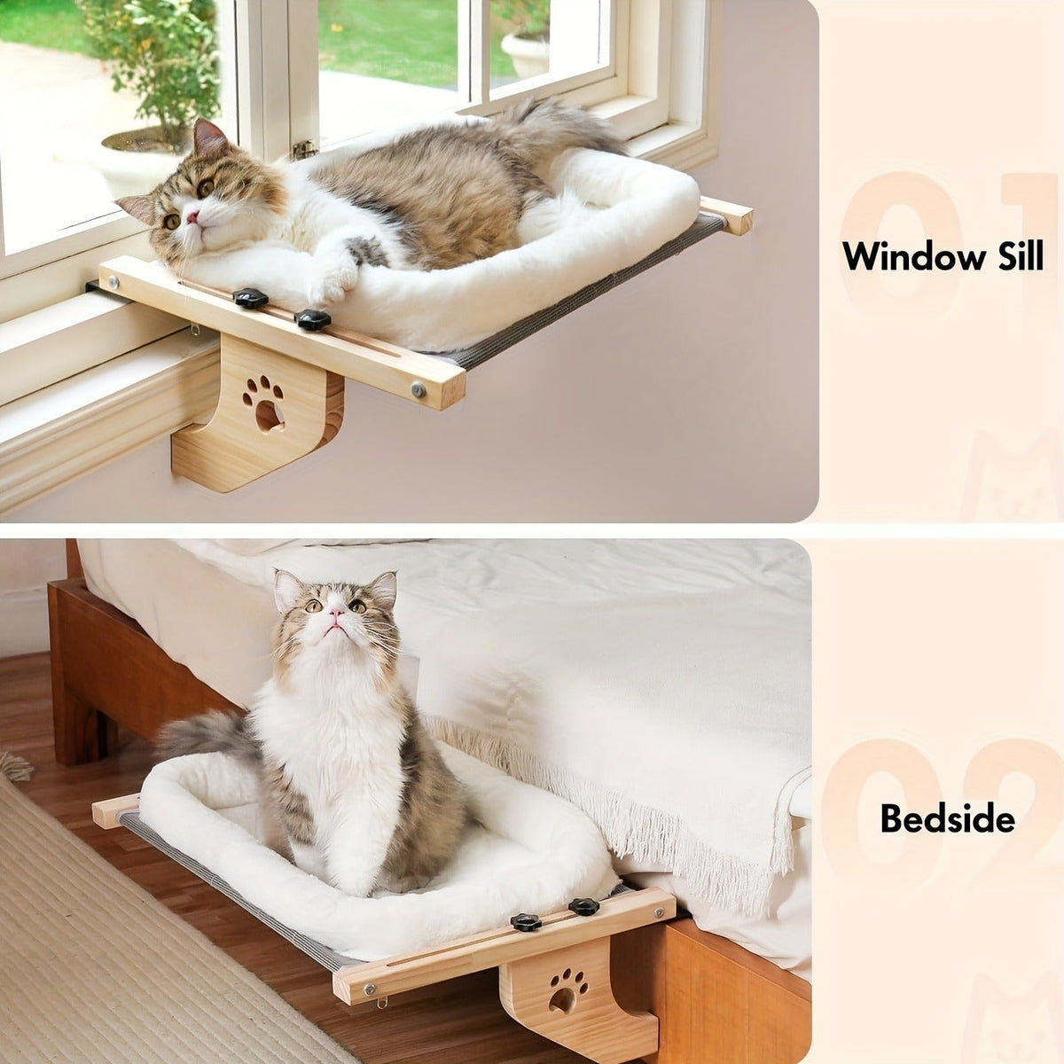 Cat Window Frame Hammock Adjustable – Durable Frame Cat Bed with Paw Print Pattern, Easy Install Window Sill Bedside Cabinet Perch