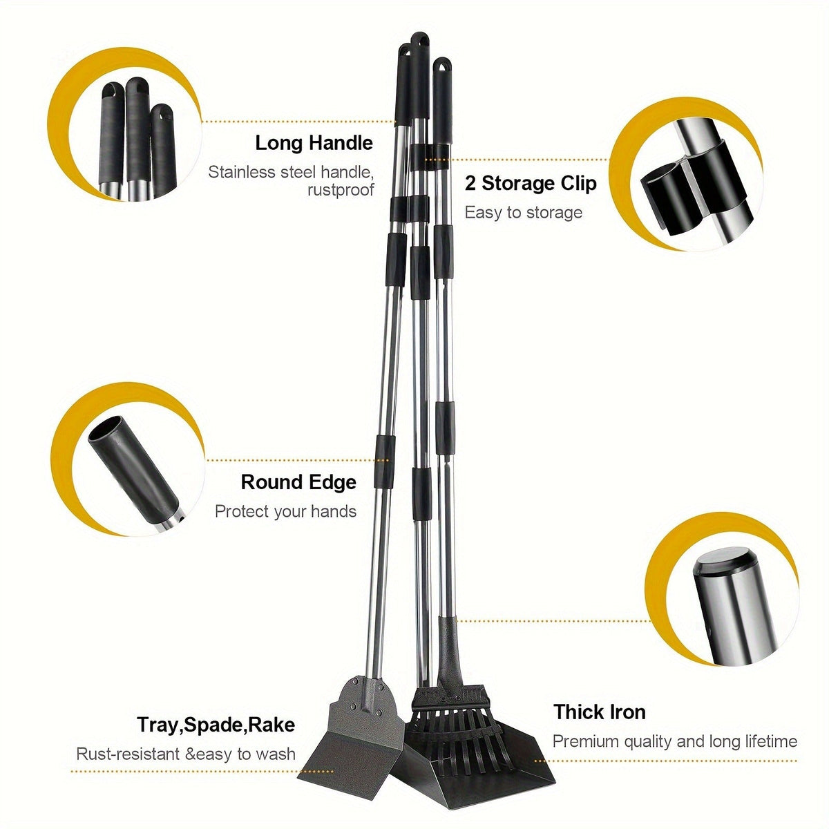 Dog Pooper Scooper Set – Stainless Steel Tray & Rake with Adjustable Long Handle, Rust-Proof Durable Pet Waste Removal Tool, Easy to Clean