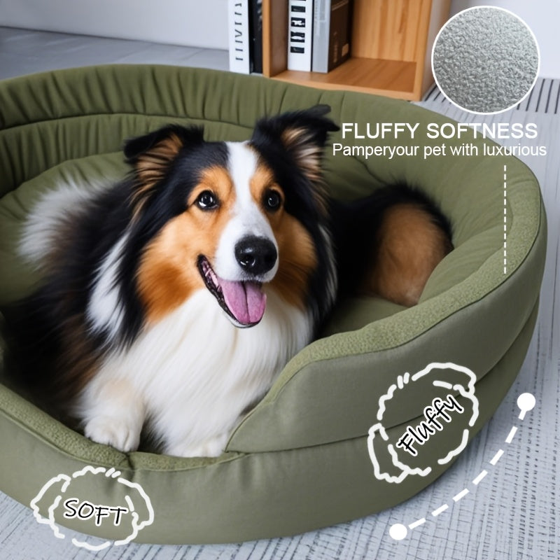 Oval Bolster Dog Bed with Gray or Green Cover and Three Labeled Sizes from M to 2XL, Six Variants