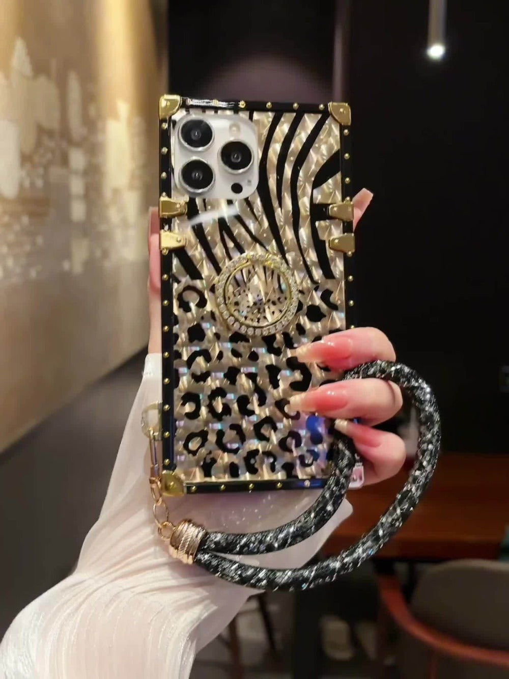 Leopard Print Samsung Galaxy Case Ring Holder Kickstand Anti-Drop Rectangular Cover for Galaxy S25 Ultra Plus S24 Ultra Plus FE S23 Ultra