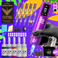 Cordless Rotary Tattoo Machine Kit Complete Set with Screen Display 6-8Hr Battery 20 Needles 7 Inks