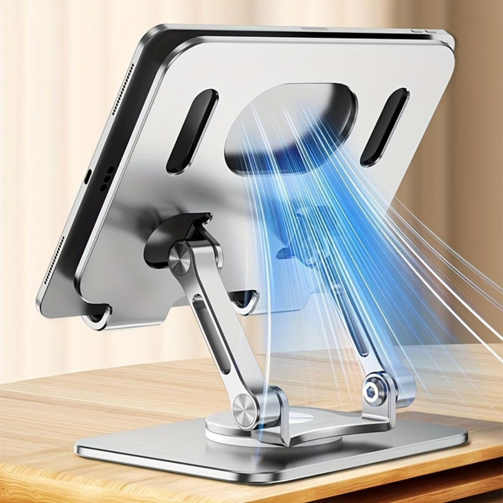 Black or Silver Rotating Tablet Stand with Foldable Desktop Base, Adjustable Tilt and Portrait or Landscape Viewing