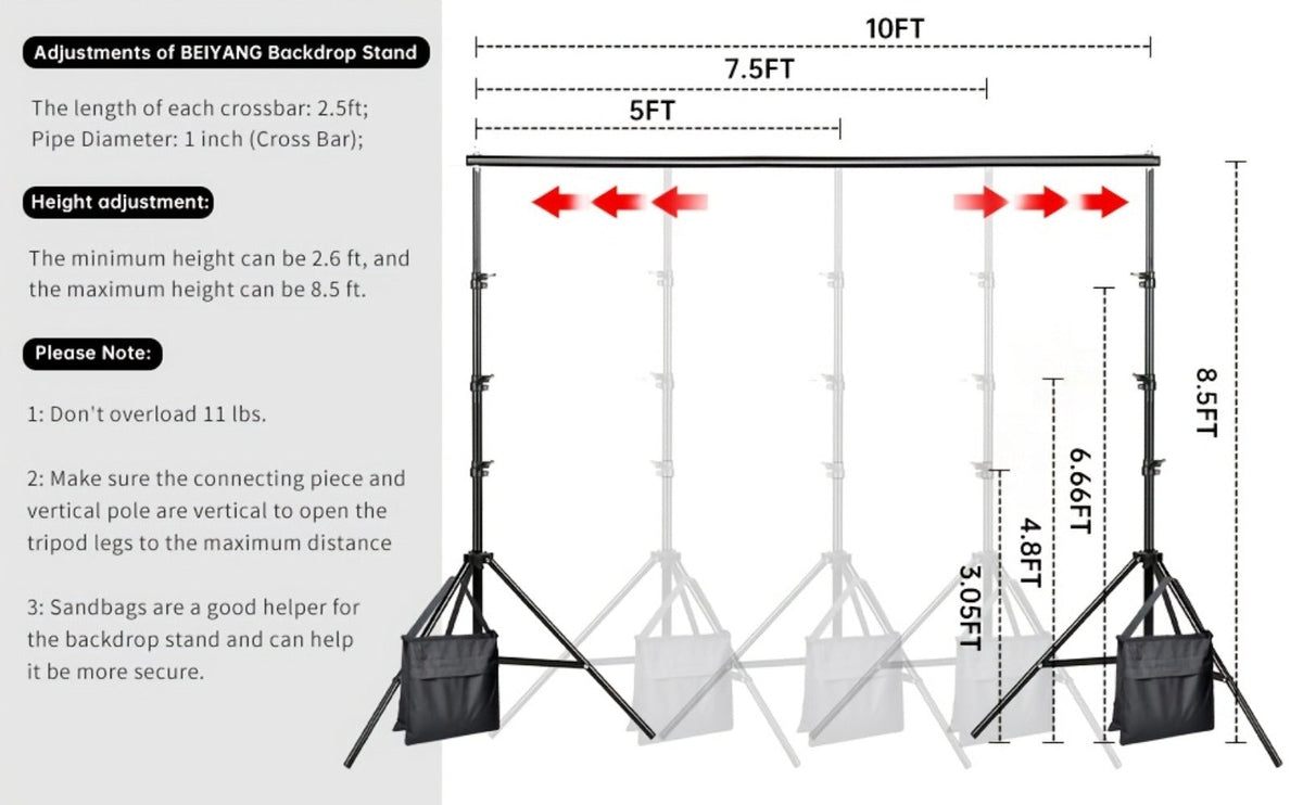 Photography Background Stand 10x8.5 FT Adjustable – Photo Backdrop Support System for Video Studio, Portrait & Streaming with Portable Carry