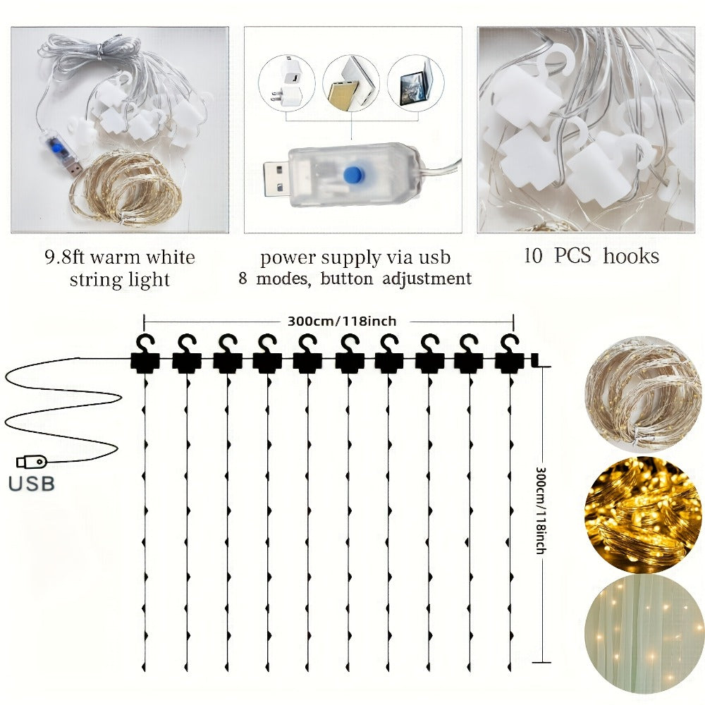 White Sheer Photography Backdrop Set with Two 5.2 x 10 ft Panels, USB String Lights and 10 Clips
