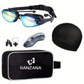 Iridescent-Lens Swim Goggles Set with Adjustable Split Strap, Swim Cap, Hard Case and Small Accessories