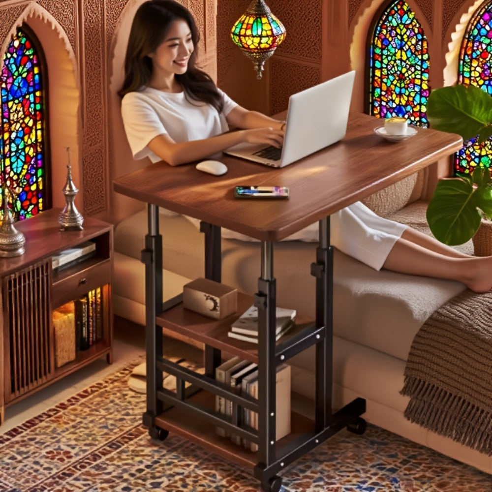 Adjustable Overbed Table with Rolling Shelf Frame and Six Color Checkout Options from Burlap to Deep Glacier