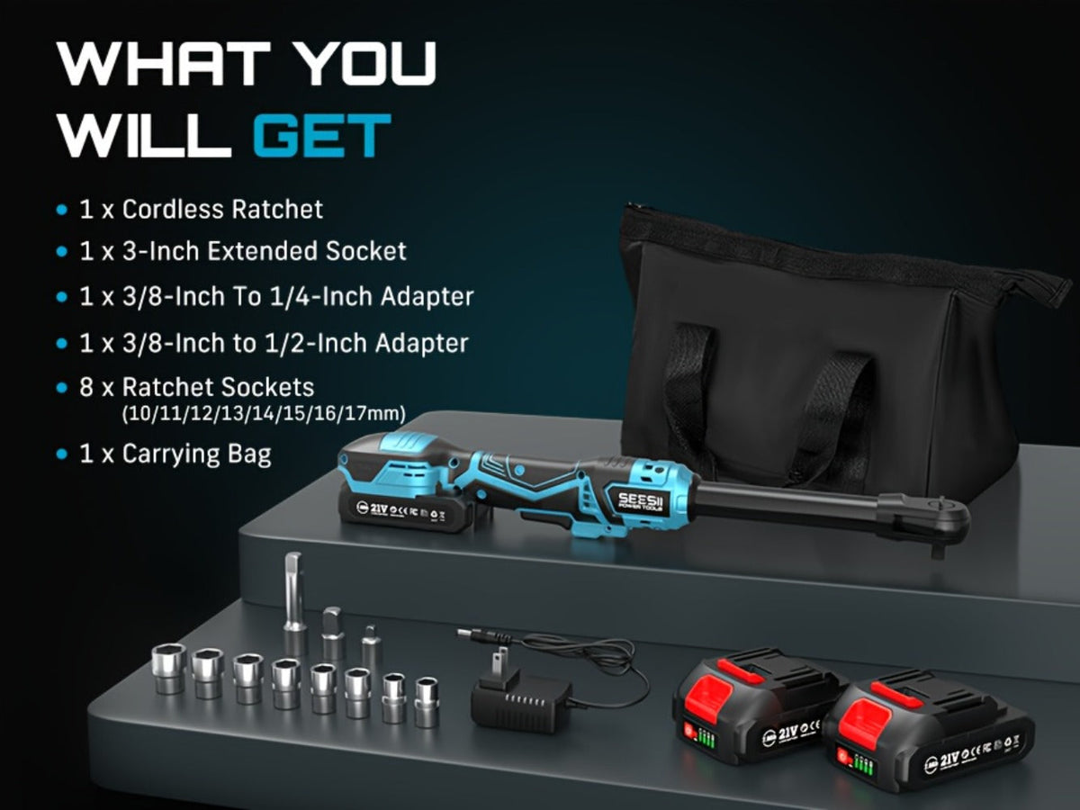 21V Power Ratchet Wrench Set 3/8'' Drive, 59 Ft-lbs 400 RPM Cordless Electric Ratchet, Variable Speed Trigger
