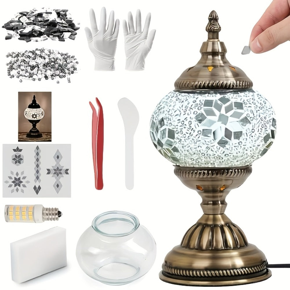 DIY Turkish Moroccan Mosaic Lamp Kit Handmade Glass Metal Brass Dimmable Bohemian Table Light for Entryways, Bedrooms and Living Spaces