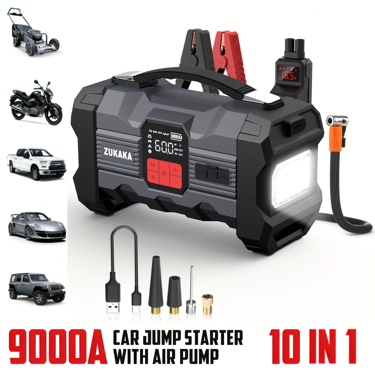 Jump Starter with Air Compressor 9000A Peak 10-in-1 150 PSI for All Gas 10L Diesel 12V USB USB-C Digital for Garden, Patio and Yard Use