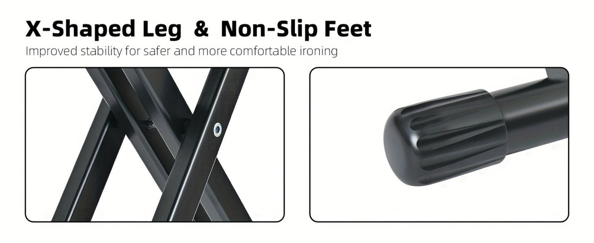 Freestanding Black Ironing Board with Multi-Height X-Leg Frame and Extended Iron-Rest Platform