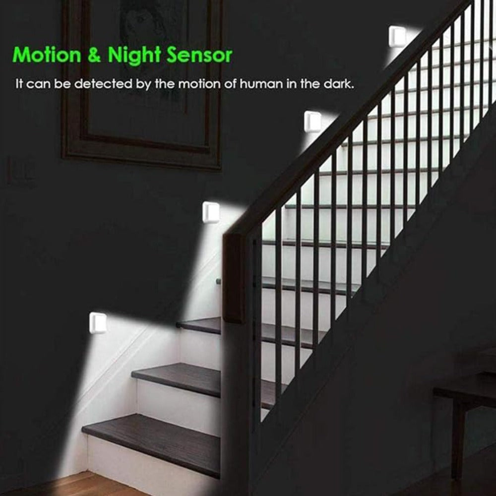 Four-Piece 8cm Square Battery Night Light Set with Motion Sensors and Cool-Light Checkout for Hallways