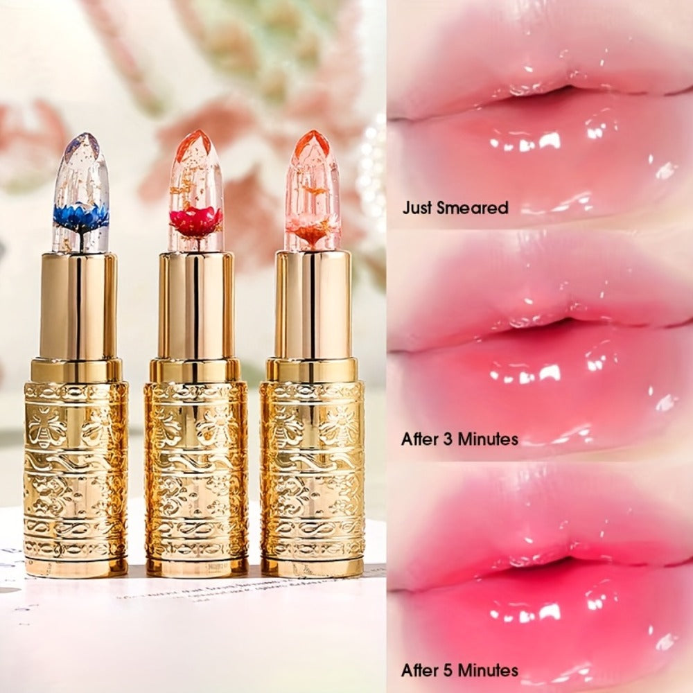 Color Changing Lip Gloss Set 3 Pcs, Temperature Magic Pink Tint Crystal Jelly Balm & Lipstick, Plant Squalane Lip Makeup