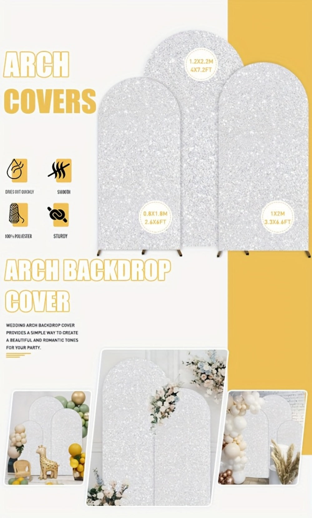 Sequin Wedding Arch Cover Set 3pcs, 6ft 6.6ft 7.2ft Metallic Spandex Payette Glitter Arch Backdrop Cover for Wedding Ceremony