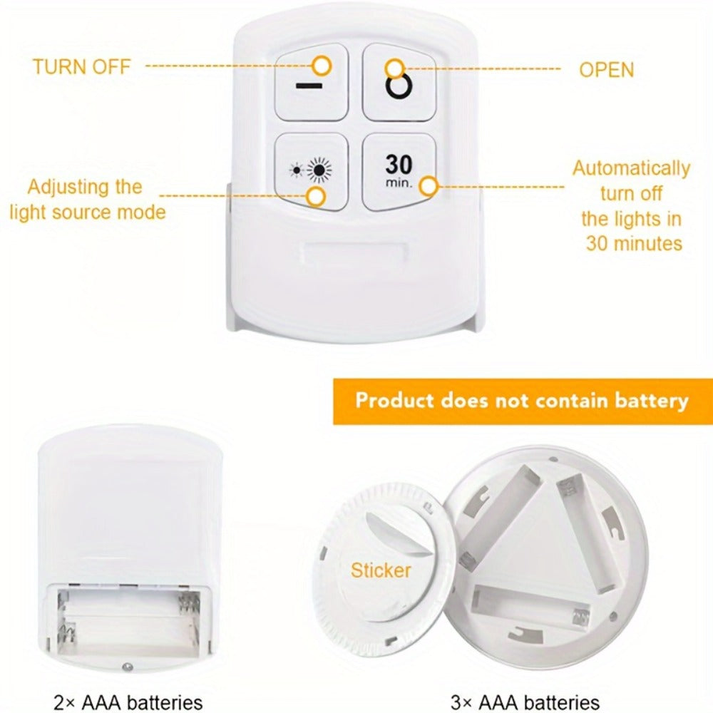 Five-Piece Round LED Puck Light Set with Wireless Remote, Adhesive or Magnetic Mounting and Timer